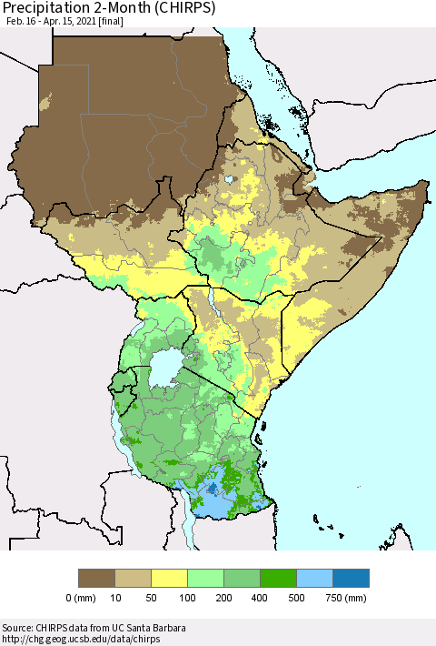 Eastern Africa Precipitation 2-Month (CHIRPS) Thematic Map For 2/16/2021 - 4/15/2021