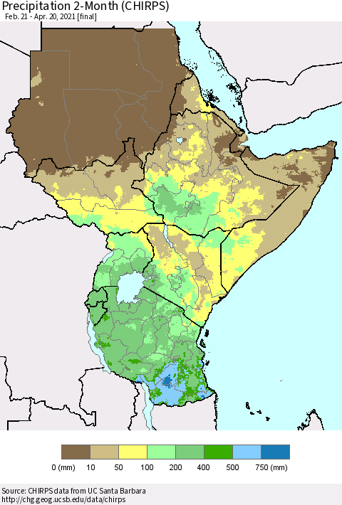Eastern Africa Precipitation 2-Month (CHIRPS) Thematic Map For 2/21/2021 - 4/20/2021