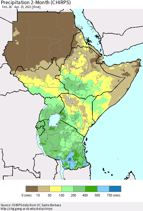 Eastern Africa Precipitation 2-Month (CHIRPS) Thematic Map For 2/26/2021 - 4/25/2021