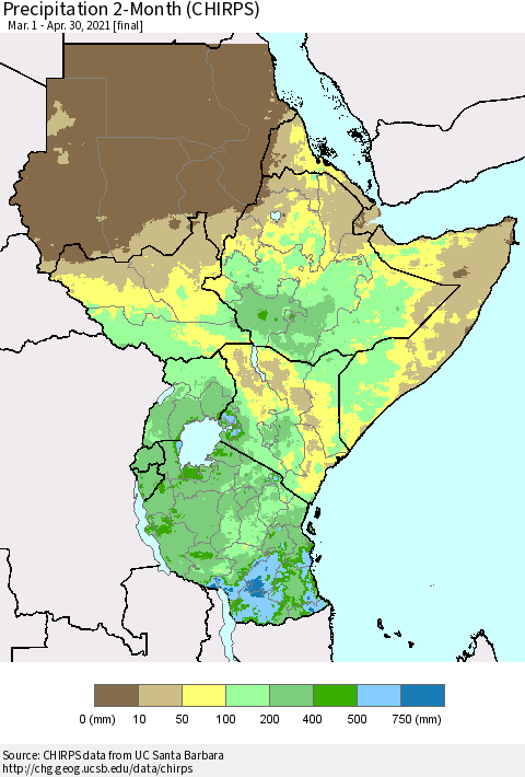 Eastern Africa Precipitation 2-Month (CHIRPS) Thematic Map For 3/1/2021 - 4/30/2021