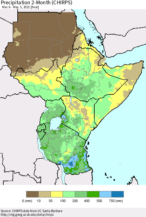 Eastern Africa Precipitation 2-Month (CHIRPS) Thematic Map For 3/6/2021 - 5/5/2021