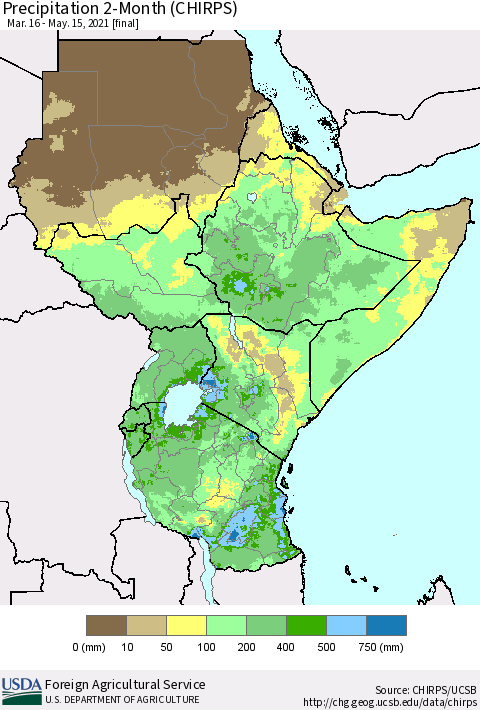 Eastern Africa Precipitation 2-Month (CHIRPS) Thematic Map For 3/16/2021 - 5/15/2021