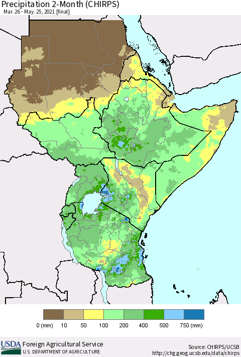 Eastern Africa Precipitation 2-Month (CHIRPS) Thematic Map For 3/26/2021 - 5/25/2021