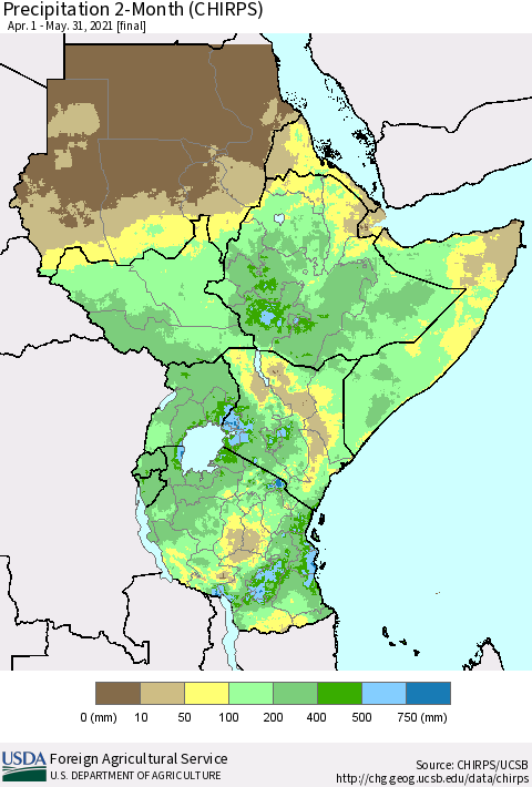 Eastern Africa Precipitation 2-Month (CHIRPS) Thematic Map For 4/1/2021 - 5/31/2021
