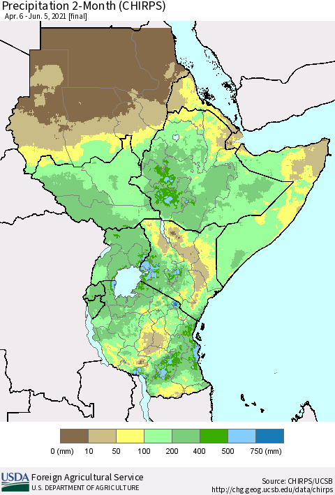 Eastern Africa Precipitation 2-Month (CHIRPS) Thematic Map For 4/6/2021 - 6/5/2021