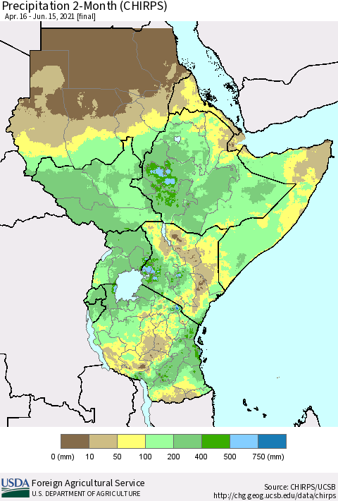 Eastern Africa Precipitation 2-Month (CHIRPS) Thematic Map For 4/16/2021 - 6/15/2021
