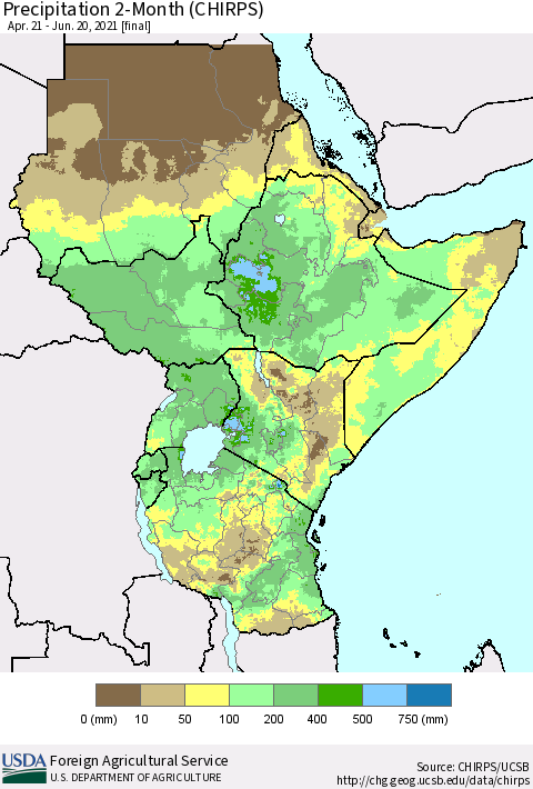 Eastern Africa Precipitation 2-Month (CHIRPS) Thematic Map For 4/21/2021 - 6/20/2021