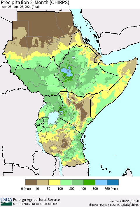 Eastern Africa Precipitation 2-Month (CHIRPS) Thematic Map For 4/26/2021 - 6/25/2021