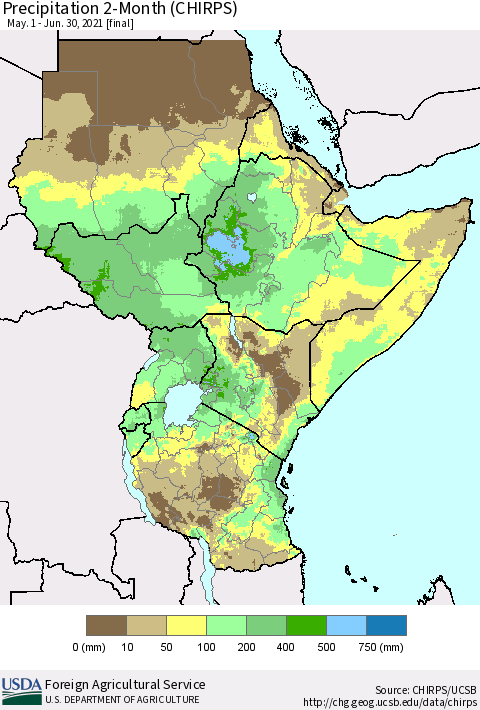 Eastern Africa Precipitation 2-Month (CHIRPS) Thematic Map For 5/1/2021 - 6/30/2021