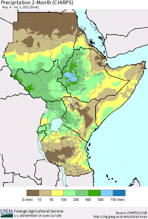 Eastern Africa Precipitation 2-Month (CHIRPS) Thematic Map For 5/6/2021 - 7/5/2021