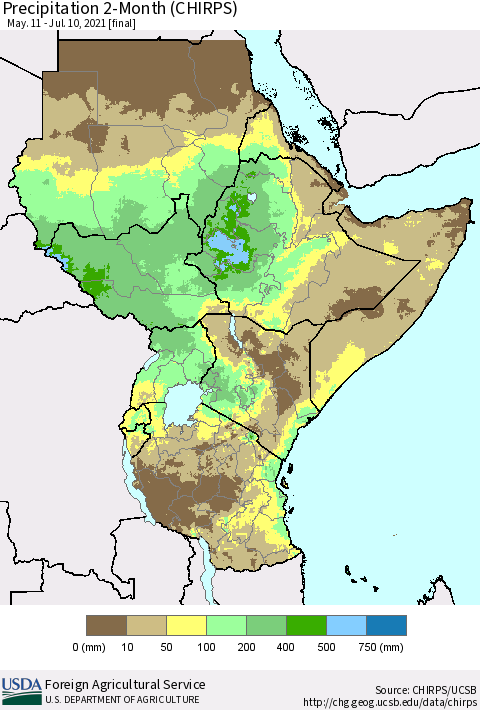 Eastern Africa Precipitation 2-Month (CHIRPS) Thematic Map For 5/11/2021 - 7/10/2021