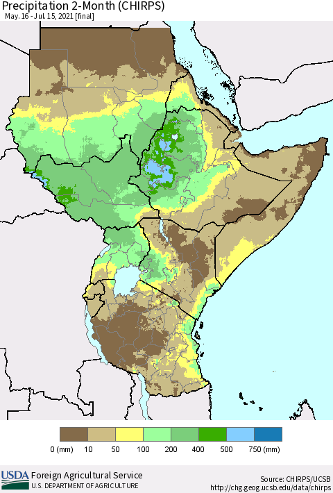 Eastern Africa Precipitation 2-Month (CHIRPS) Thematic Map For 5/16/2021 - 7/15/2021