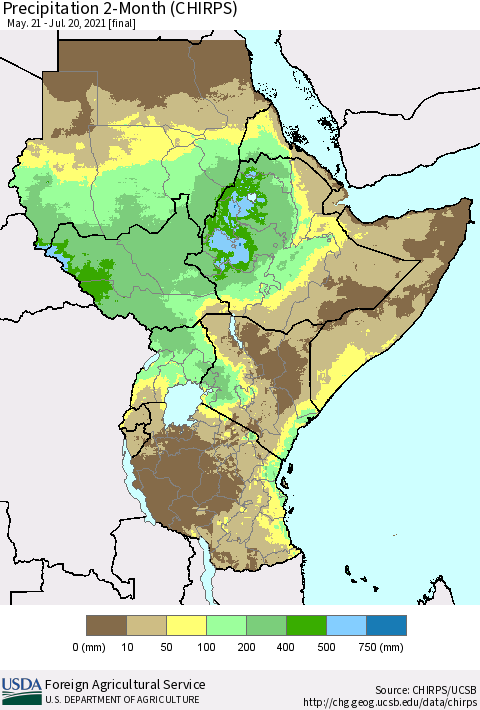 Eastern Africa Precipitation 2-Month (CHIRPS) Thematic Map For 5/21/2021 - 7/20/2021