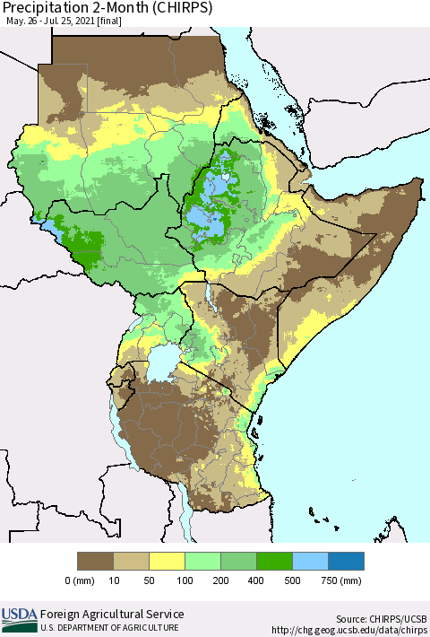 Eastern Africa Precipitation 2-Month (CHIRPS) Thematic Map For 5/26/2021 - 7/25/2021