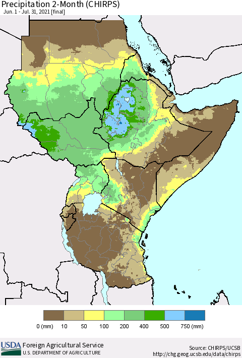 Eastern Africa Precipitation 2-Month (CHIRPS) Thematic Map For 6/1/2021 - 7/31/2021