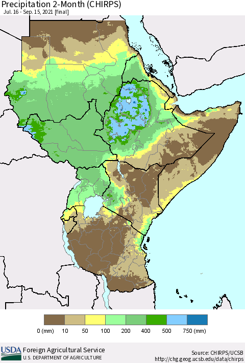 Eastern Africa Precipitation 2-Month (CHIRPS) Thematic Map For 7/16/2021 - 9/15/2021