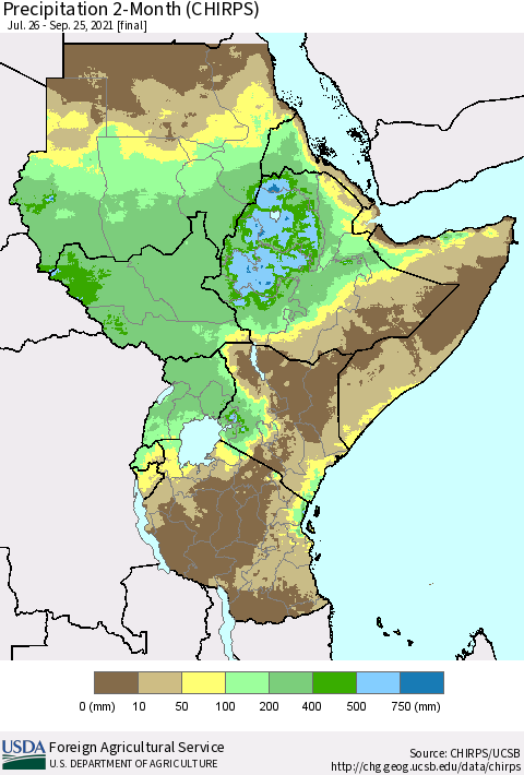 Eastern Africa Precipitation 2-Month (CHIRPS) Thematic Map For 7/26/2021 - 9/25/2021