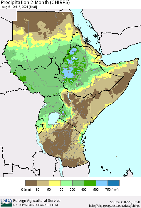 Eastern Africa Precipitation 2-Month (CHIRPS) Thematic Map For 8/6/2021 - 10/5/2021
