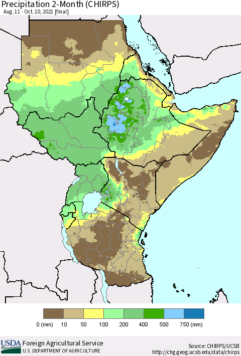 Eastern Africa Precipitation 2-Month (CHIRPS) Thematic Map For 8/11/2021 - 10/10/2021