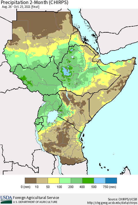 Eastern Africa Precipitation 2-Month (CHIRPS) Thematic Map For 8/26/2021 - 10/25/2021