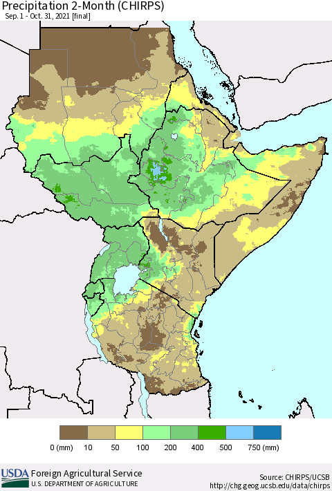 Eastern Africa Precipitation 2-Month (CHIRPS) Thematic Map For 9/1/2021 - 10/31/2021