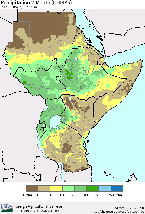 Eastern Africa Precipitation 2-Month (CHIRPS) Thematic Map For 9/6/2021 - 11/5/2021