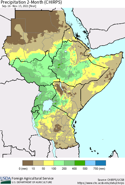 Eastern Africa Precipitation 2-Month (CHIRPS) Thematic Map For 9/16/2021 - 11/15/2021