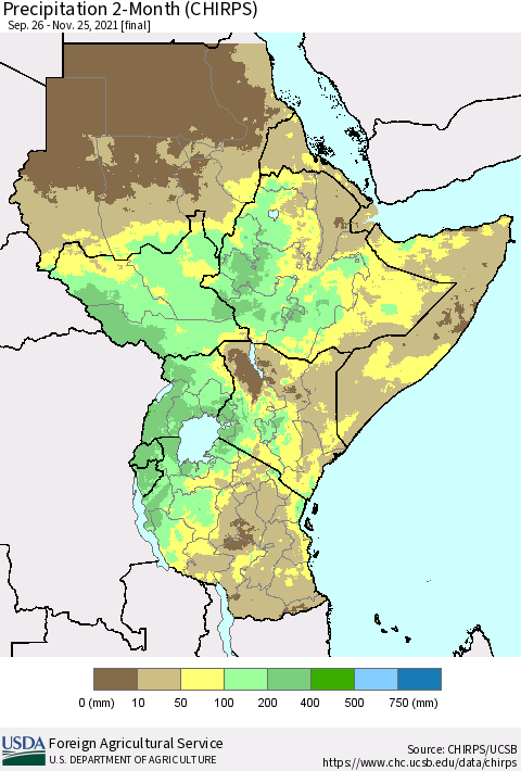 Eastern Africa Precipitation 2-Month (CHIRPS) Thematic Map For 9/26/2021 - 11/25/2021
