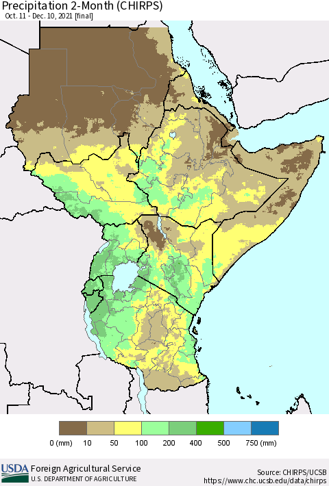 Eastern Africa Precipitation 2-Month (CHIRPS) Thematic Map For 10/11/2021 - 12/10/2021