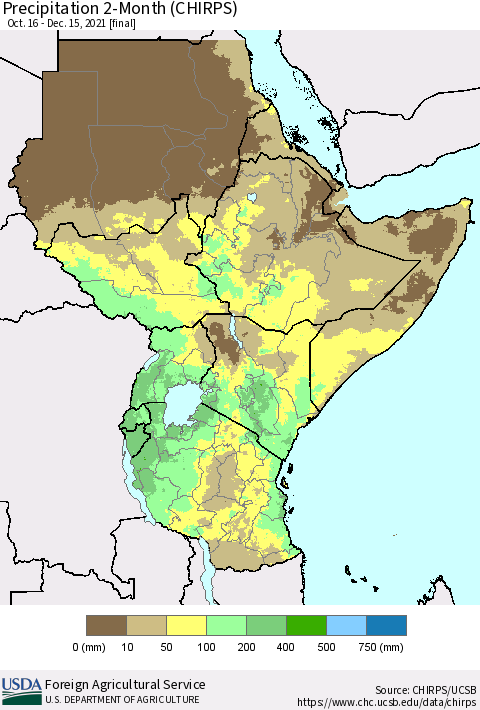 Eastern Africa Precipitation 2-Month (CHIRPS) Thematic Map For 10/16/2021 - 12/15/2021