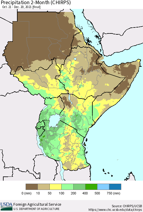 Eastern Africa Precipitation 2-Month (CHIRPS) Thematic Map For 10/21/2021 - 12/20/2021