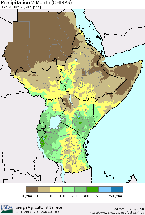 Eastern Africa Precipitation 2-Month (CHIRPS) Thematic Map For 10/26/2021 - 12/25/2021