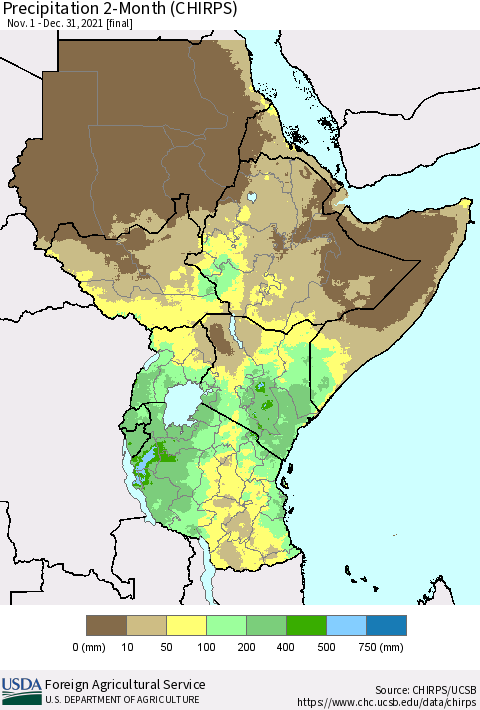 Eastern Africa Precipitation 2-Month (CHIRPS) Thematic Map For 11/1/2021 - 12/31/2021