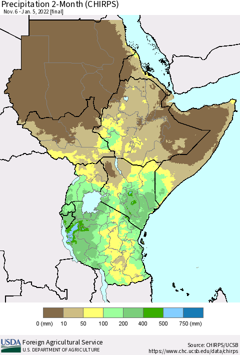 Eastern Africa Precipitation 2-Month (CHIRPS) Thematic Map For 11/6/2021 - 1/5/2022