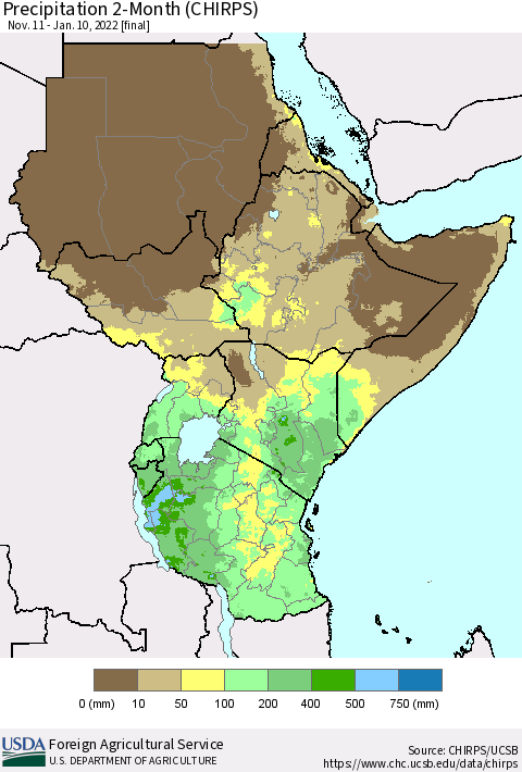 Eastern Africa Precipitation 2-Month (CHIRPS) Thematic Map For 11/11/2021 - 1/10/2022
