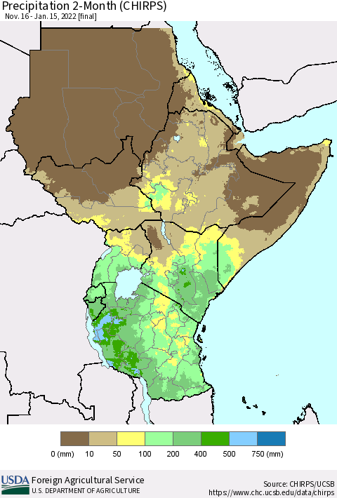 Eastern Africa Precipitation 2-Month (CHIRPS) Thematic Map For 11/16/2021 - 1/15/2022
