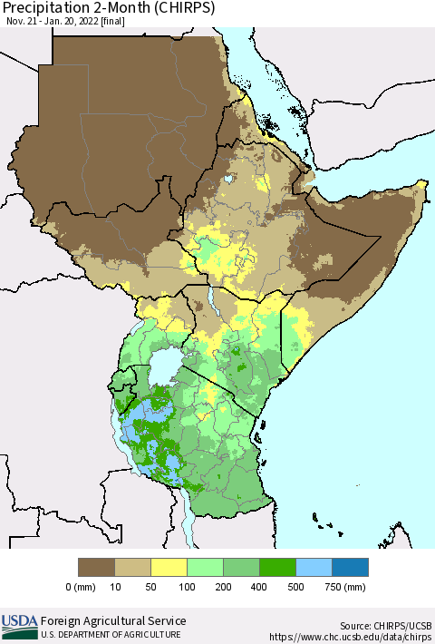 Eastern Africa Precipitation 2-Month (CHIRPS) Thematic Map For 11/21/2021 - 1/20/2022