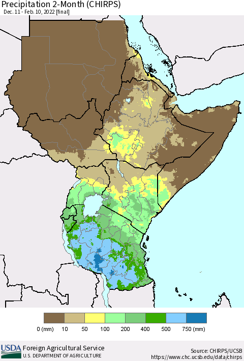 Eastern Africa Precipitation 2-Month (CHIRPS) Thematic Map For 12/11/2021 - 2/10/2022
