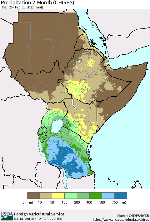 Eastern Africa Precipitation 2-Month (CHIRPS) Thematic Map For 12/26/2021 - 2/25/2022
