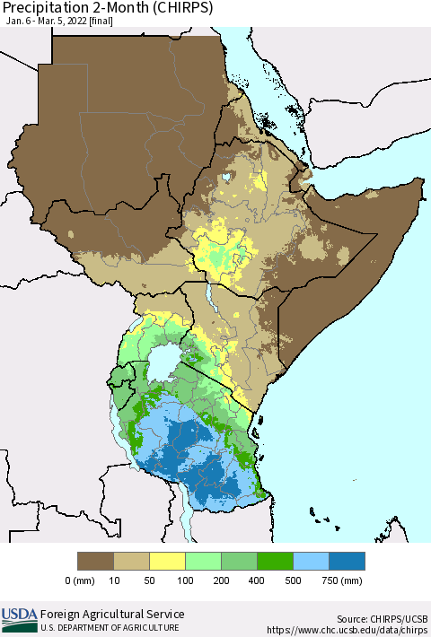 Eastern Africa Precipitation 2-Month (CHIRPS) Thematic Map For 1/6/2022 - 3/5/2022