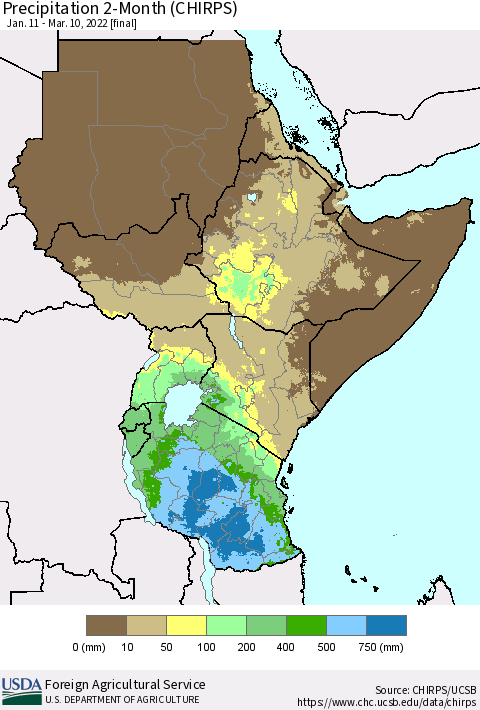 Eastern Africa Precipitation 2-Month (CHIRPS) Thematic Map For 1/11/2022 - 3/10/2022