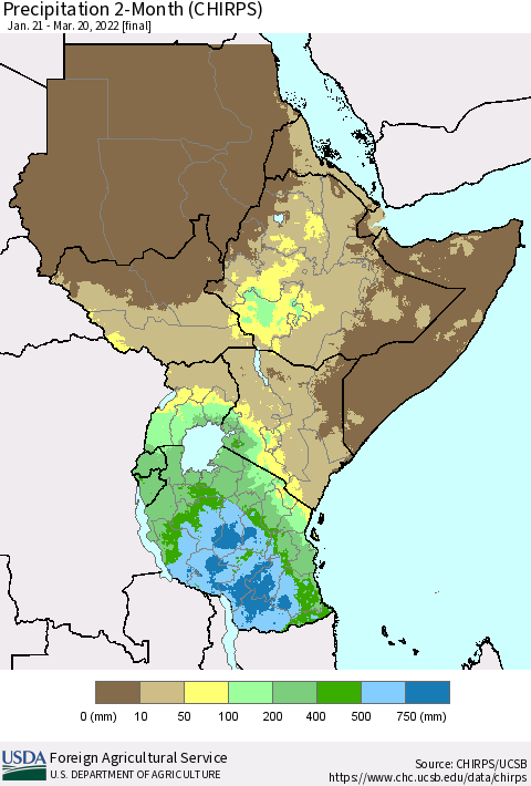 Eastern Africa Precipitation 2-Month (CHIRPS) Thematic Map For 1/21/2022 - 3/20/2022