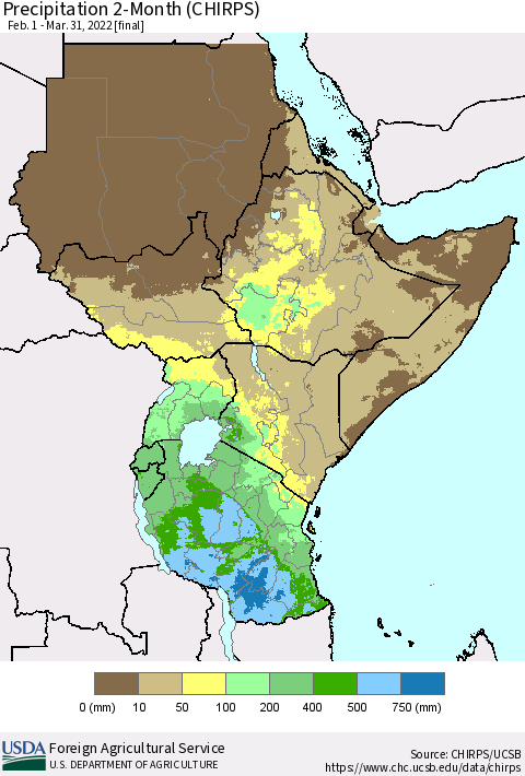 Eastern Africa Precipitation 2-Month (CHIRPS) Thematic Map For 2/1/2022 - 3/31/2022