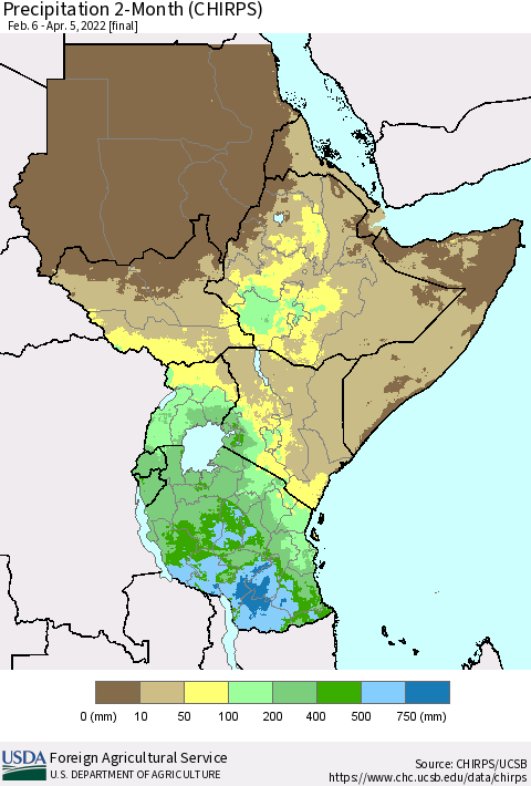 Eastern Africa Precipitation 2-Month (CHIRPS) Thematic Map For 2/6/2022 - 4/5/2022