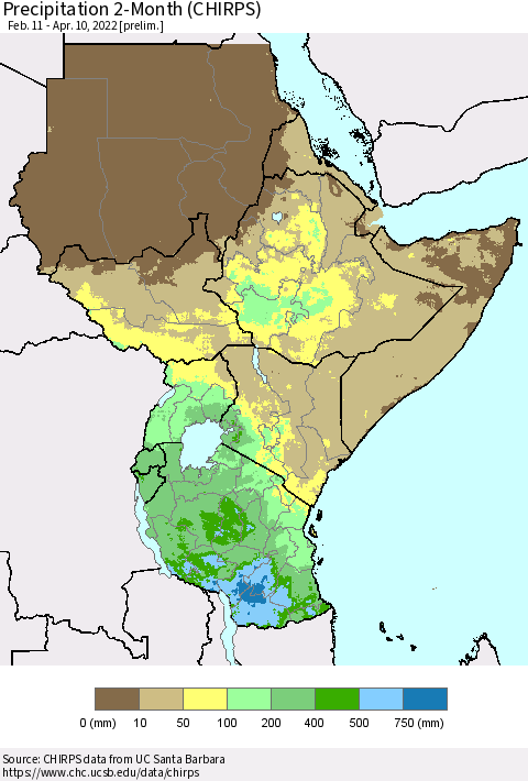 Eastern Africa Precipitation 2-Month (CHIRPS) Thematic Map For 2/11/2022 - 4/10/2022