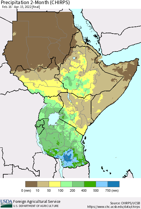 Eastern Africa Precipitation 2-Month (CHIRPS) Thematic Map For 2/16/2022 - 4/15/2022