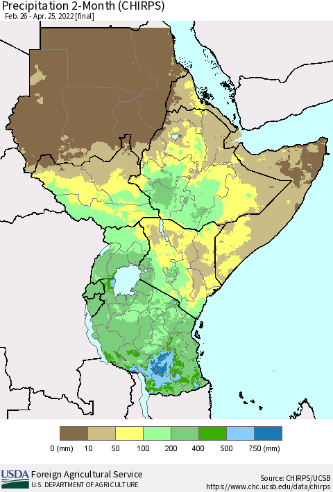 Eastern Africa Precipitation 2-Month (CHIRPS) Thematic Map For 2/26/2022 - 4/25/2022