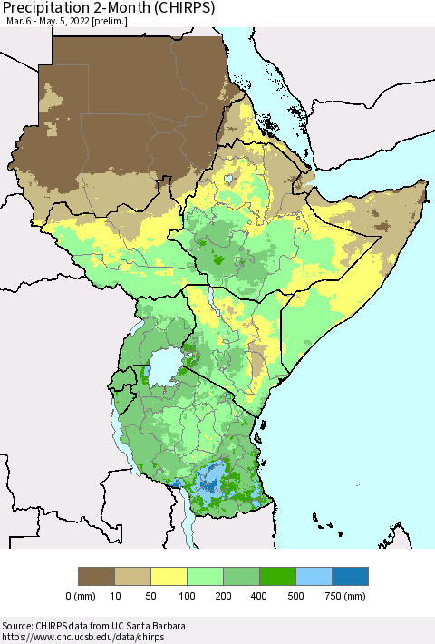 Eastern Africa Precipitation 2-Month (CHIRPS) Thematic Map For 3/6/2022 - 5/5/2022