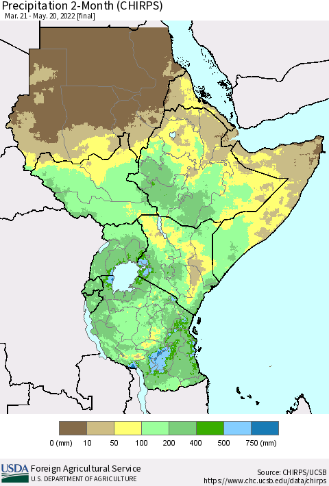 Eastern Africa Precipitation 2-Month (CHIRPS) Thematic Map For 3/21/2022 - 5/20/2022