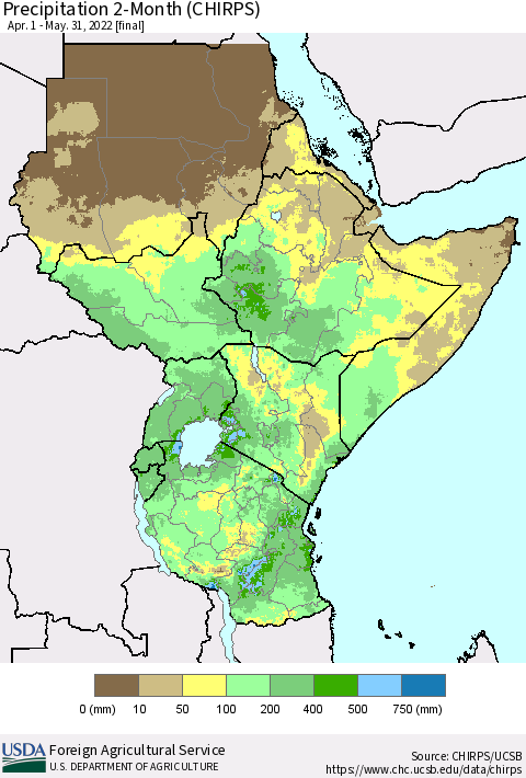 Eastern Africa Precipitation 2-Month (CHIRPS) Thematic Map For 4/1/2022 - 5/31/2022